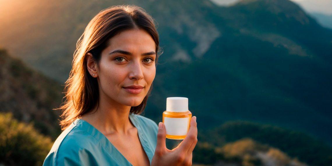 Woman holding Energeia supplement featuring Exotic Italian Loophole benefits