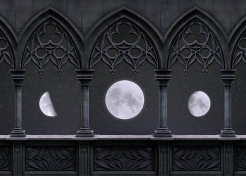 Phases of the moon aligned within Gothic arches at night.