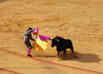 Matador skillfully evades a charging bull in the arena.