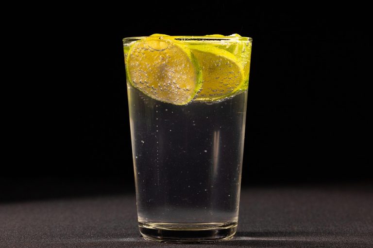 Glass of sparkling water with lime slices floating.