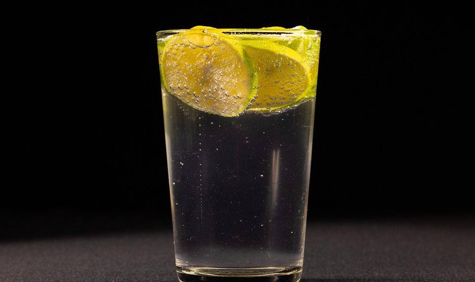 Glass of sparkling water with lime slices floating.