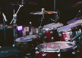 Drum set on stage awaiting performance