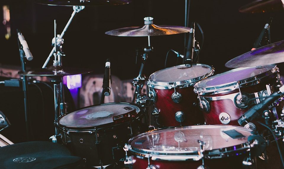 Drum set on stage awaiting performance