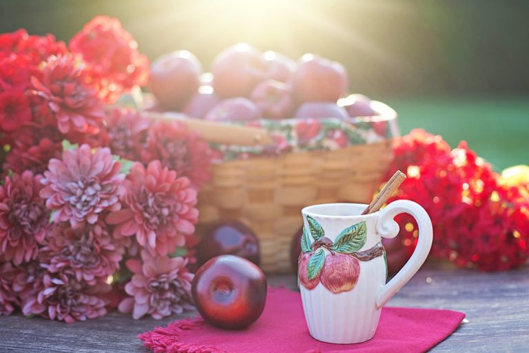 Basket of apples with flowers and cinnamon apple mug on a sunny table.