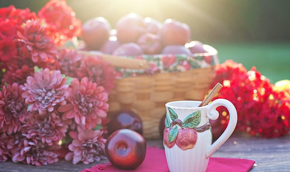 Basket of apples with flowers and cinnamon apple mug on a sunny table.