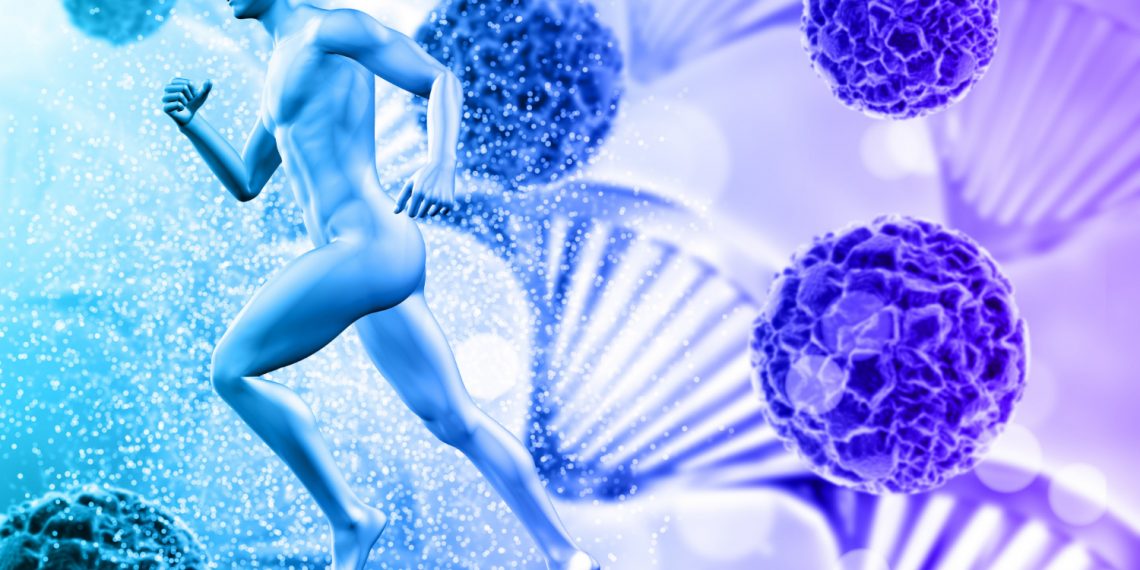 Running figure in a cellular background with DNA strands.