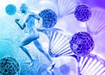 Running figure in a cellular background with DNA strands.