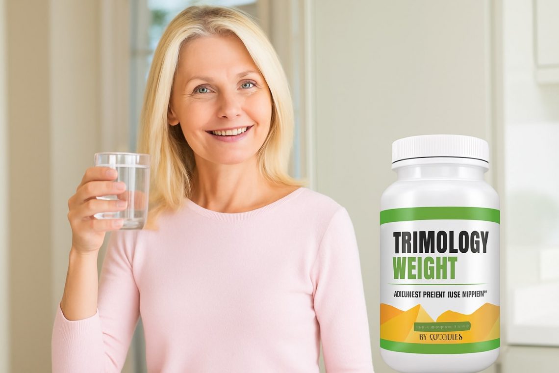 A woman in a pastel pink shirt holds a glass of water while standing next to a bottle of Trimology Weight supplement.