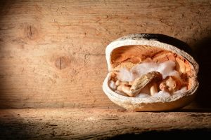 Angel figurine inside a wooden shell cradle.