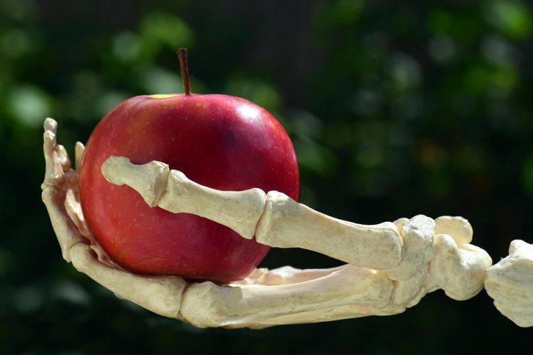 Skeleton hand holding a red apple outdoors.