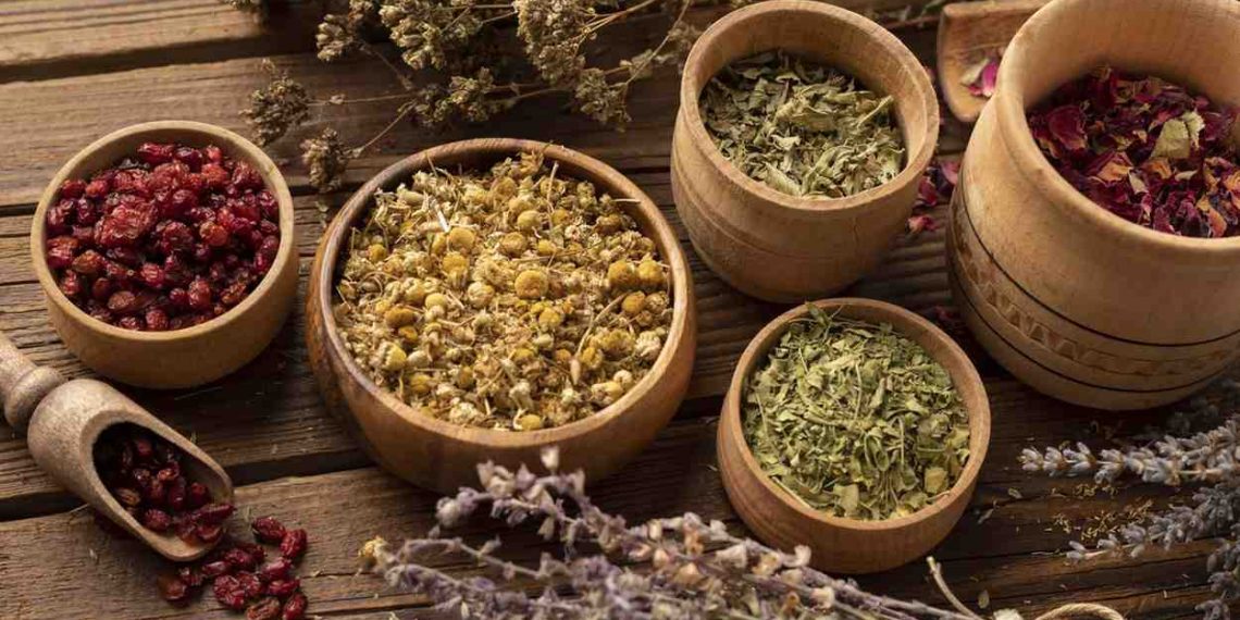 Dried herbs and berries in wooden bowls on rustic table.