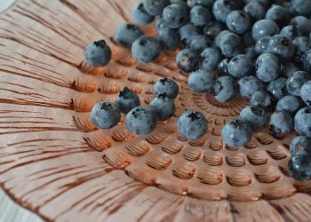 Blueberries scattered on a decorative plate.