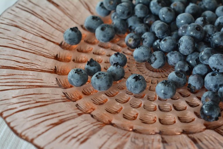 Blueberries scattered on a decorative plate.