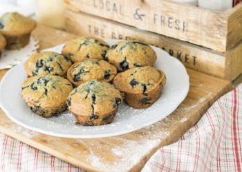 Freshly baked blueberry muffins on a plate.