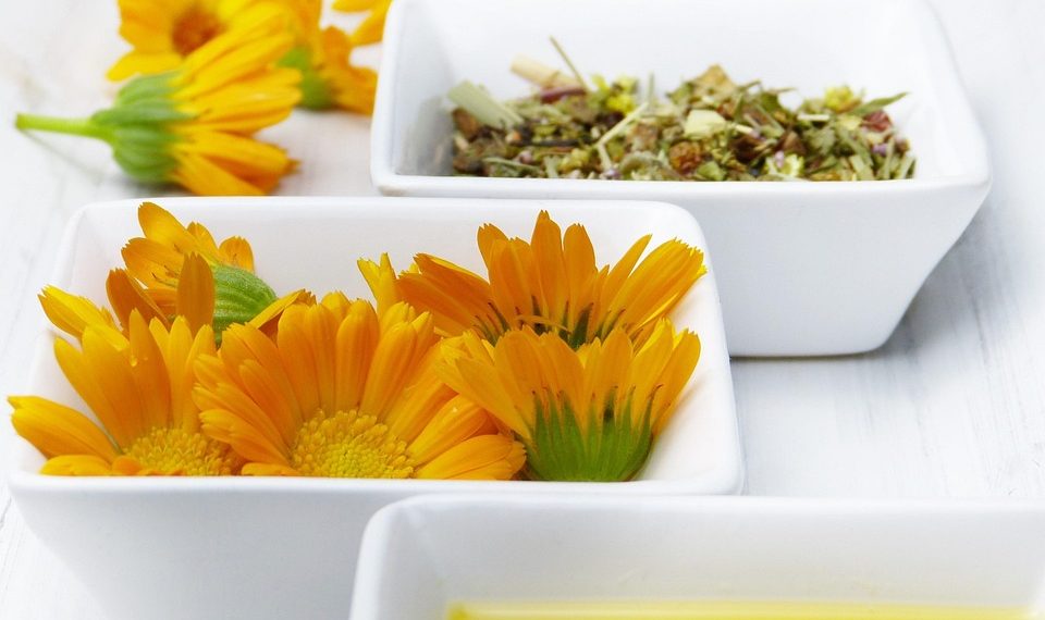 Yellow calendula flowers, dried herbs, and oil in white bowls.