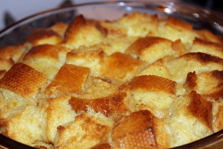 Golden brown bread pudding fresh from the oven.