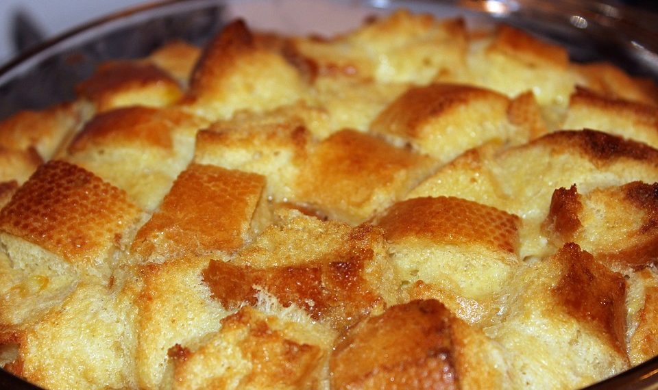 Golden brown bread pudding fresh from the oven.