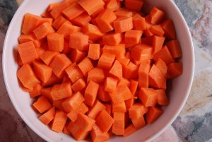 Diced carrots in a bowl, perfect for recipes and healthy snacking.