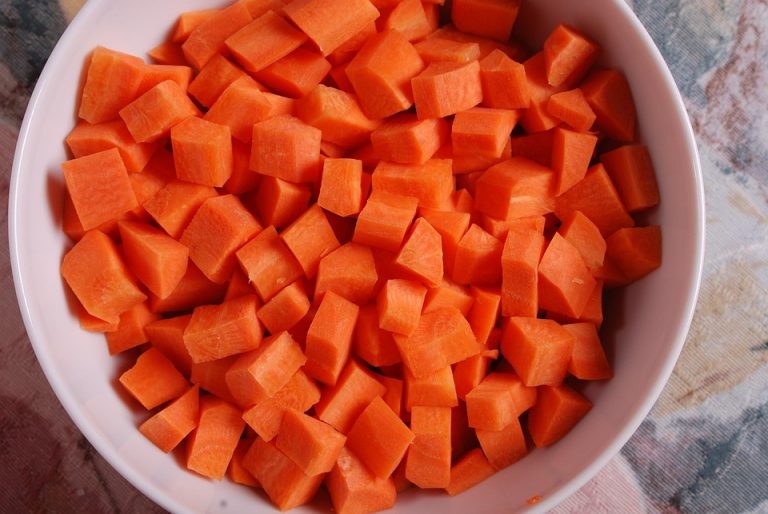 Diced carrots in a bowl, perfect for recipes and healthy snacking.