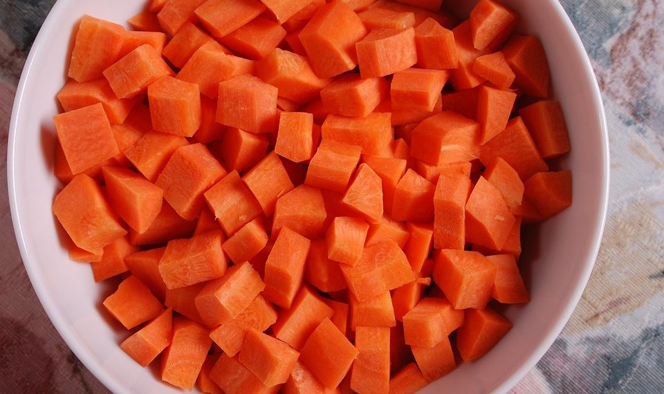 Diced carrots in a bowl, perfect for recipes and healthy snacking.