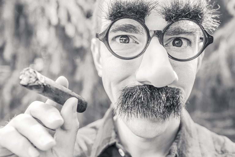 Man with humorous disguise holding a cigar.