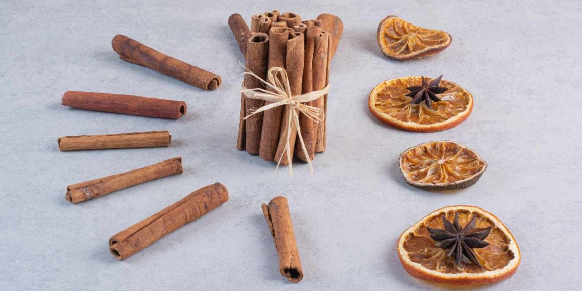 Cinnamon sticks arranged with dried orange slices and star anise.