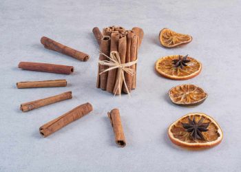 Cinnamon sticks arranged with dried orange slices and star anise.