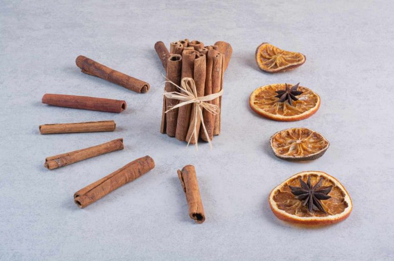 Cinnamon sticks arranged with dried orange slices and star anise.