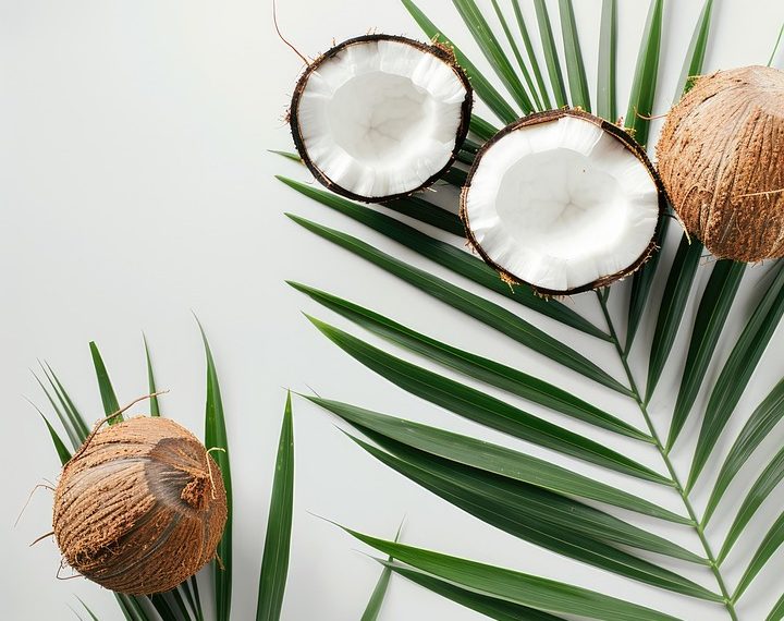 Open coconuts on palm leaves with fresh coconut meat.