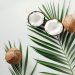 Open coconuts on palm leaves with fresh coconut meat.