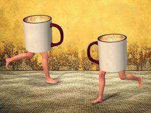 Twcoffee mugs with human legs running on a textured floor.
