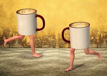 Twcoffee mugs with human legs running on a textured floor.