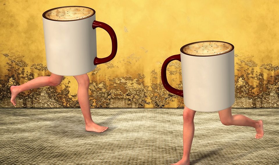 Twcoffee mugs with human legs running on a textured floor.