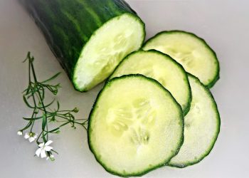 Sliced cucumber with flowers on a white background.