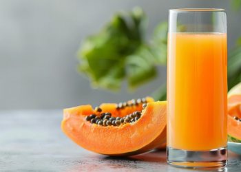 Fresh papaya juice in a glass with sliced papaya on table.