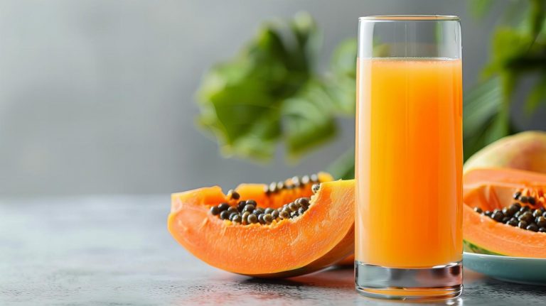 Fresh papaya juice in a glass with sliced papaya on table.