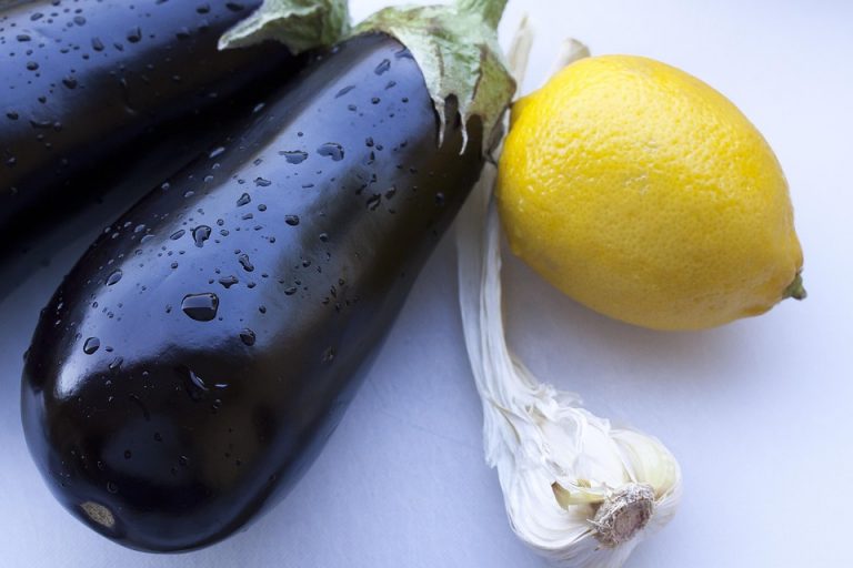 Eggplants with water droplets beside a lemon and garlic.