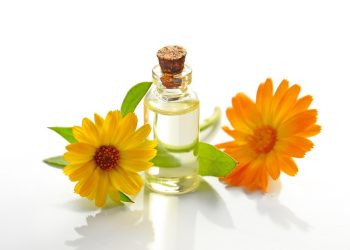 Oil bottle with calendula flowers on white background.