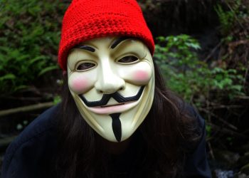 Individual wearing a Guy Fawkes mask and a red knit hat outdoors.