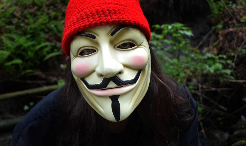 Individual wearing a Guy Fawkes mask and a red knit hat outdoors.