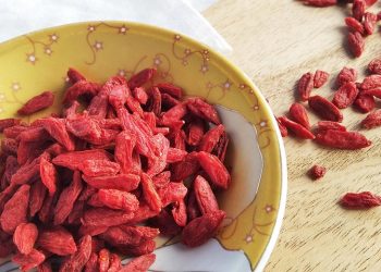 Bowl of dried goji berries on wooden table.