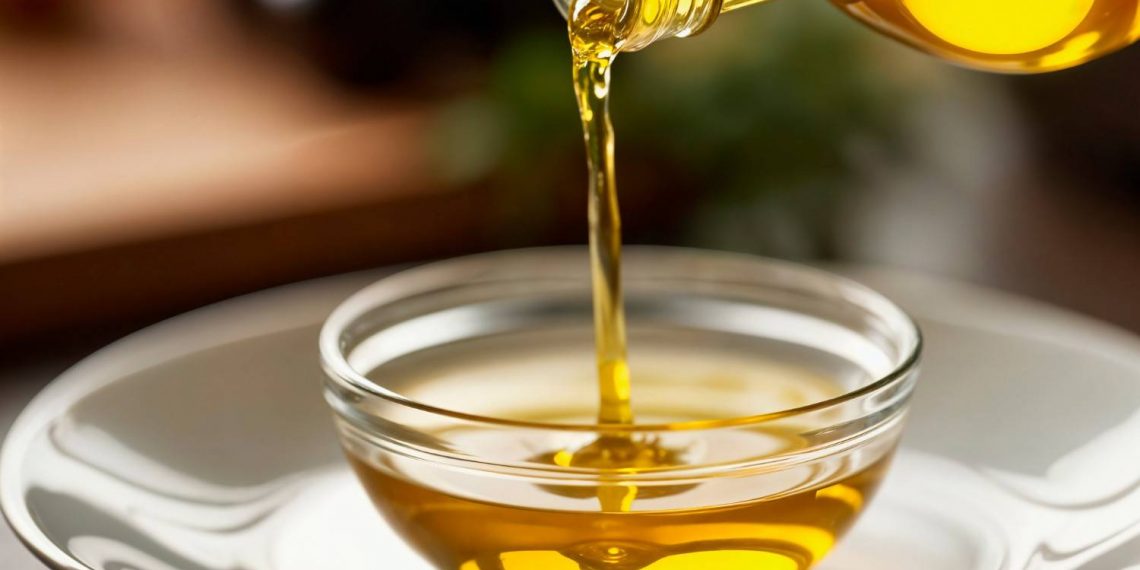 Pouring olive oil into a glass bowl.