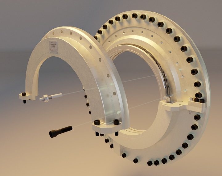 Exploded view of a mechanical bearing assembly showing components.