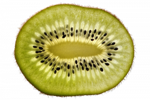 Sliced kiwi fruit with visible seeds and green flesh.