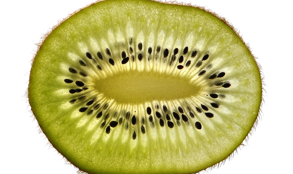Sliced kiwi fruit with visible seeds and green flesh.