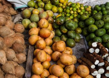 Tropical fruits and roots displayed in a vibrant market setting.