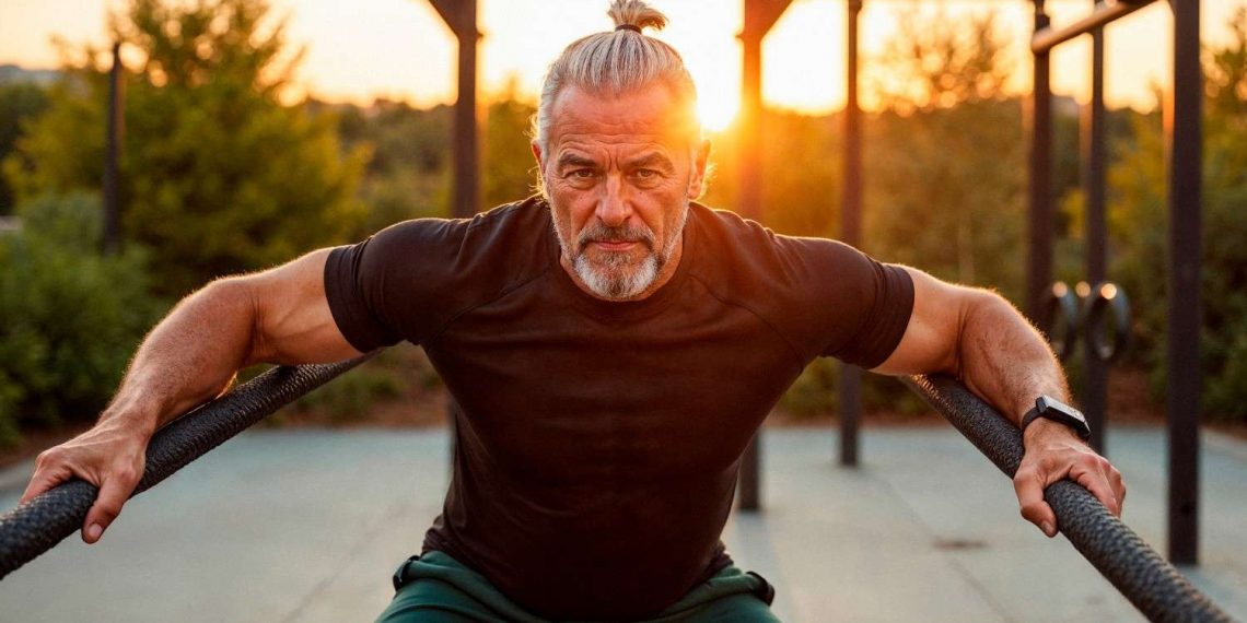 Man exercising with battle ropes at sunset