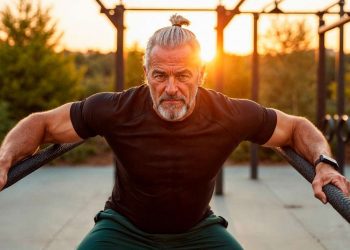 Man exercising with battle ropes at sunset