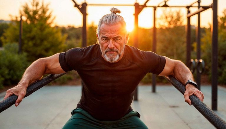 Man exercising with battle ropes at sunset