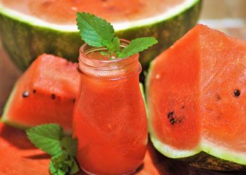 Refreshing watermelon juice with mint leaves.